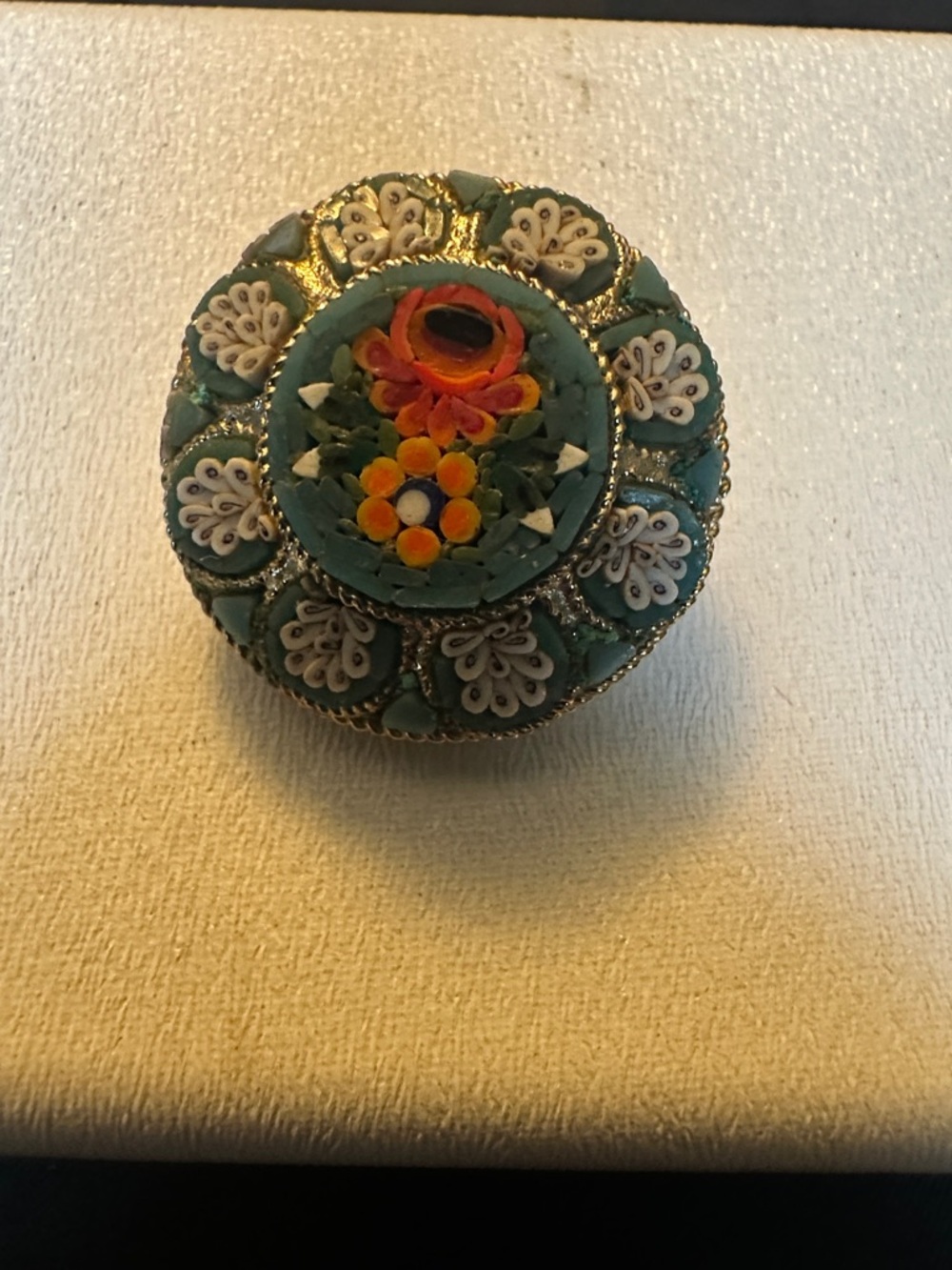 Vintage Italian Micro Mosaic Floral Brooch - Gold Tone Round Pin